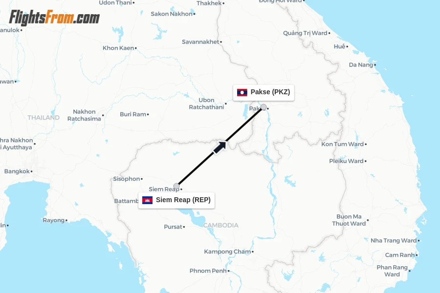 Flights from Siem Reap to Pakse route map