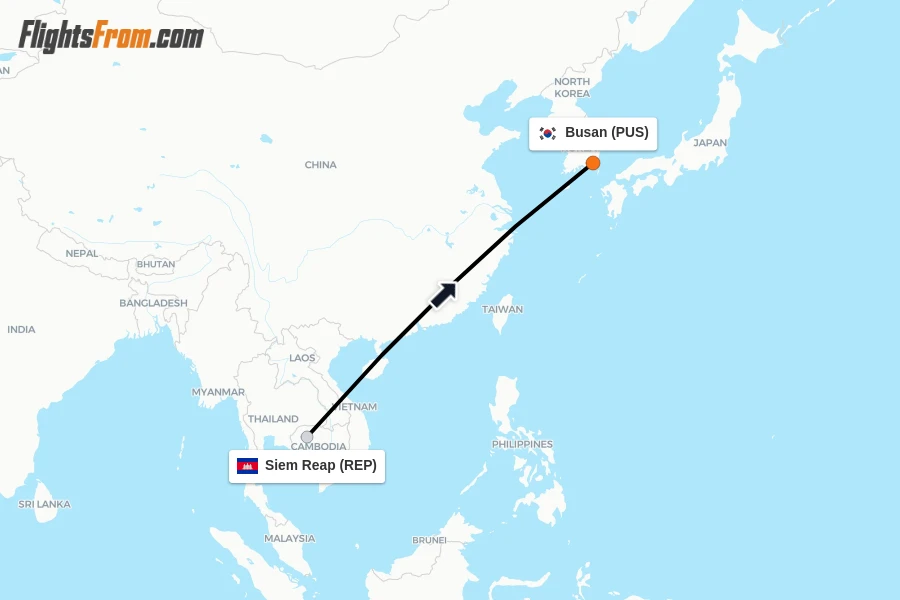 Flights from Siem Reap to Busan route map