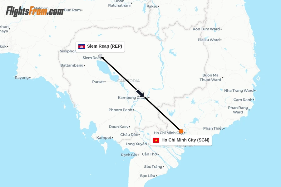 Flights from Siem Reap to Ho Chi Minh City route map