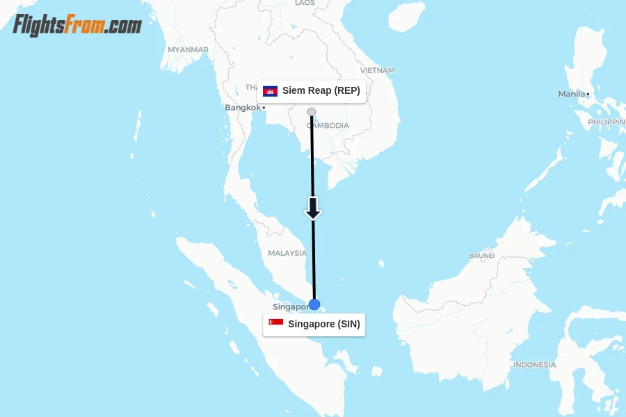Flights from Siem Reap to Singapore route map