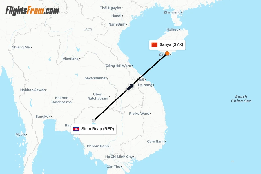 Flights from Siem Reap to Sanya route map