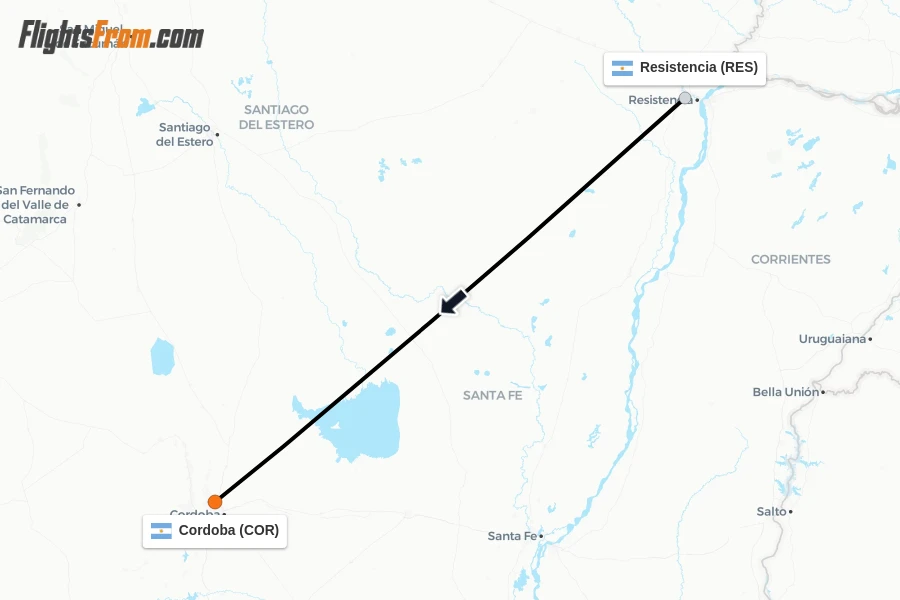 Flights from Resistencia to Cordoba route map