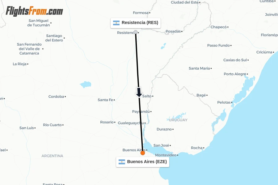 Flights from Resistencia to Buenos Aires route map