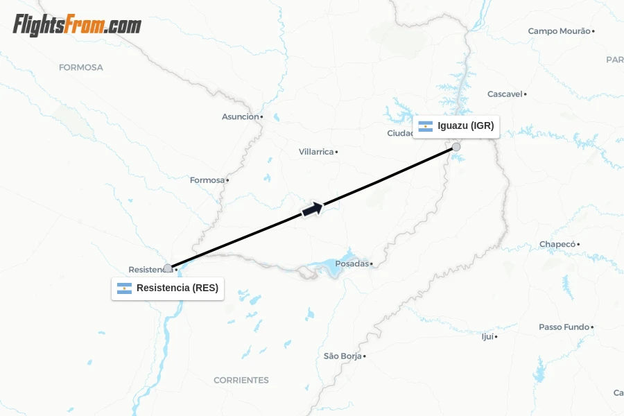 Flights from Resistencia to Iguazu route map