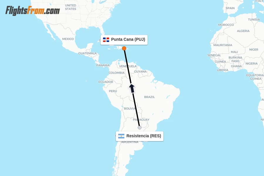 Flights from Resistencia to Punta Cana route map