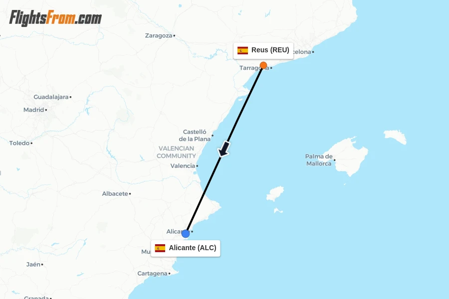 Flights from Reus to Alicante route map