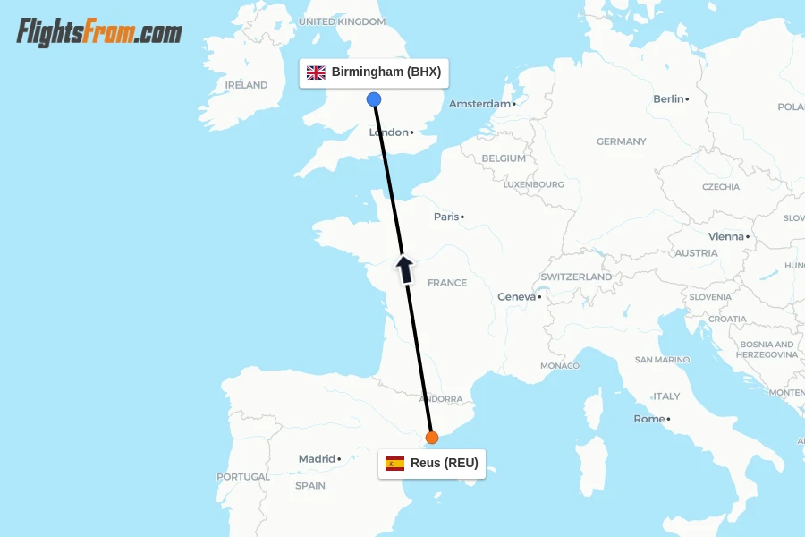 Flights from Reus to Birmingham route map