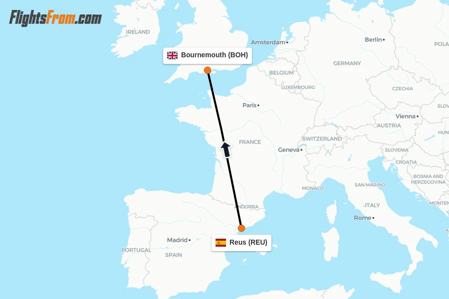 Flights from Reus to Bournemouth route map