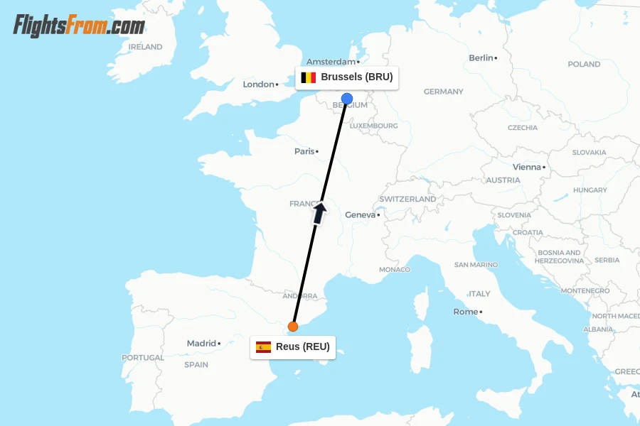 Flights from Reus to Brussels route map