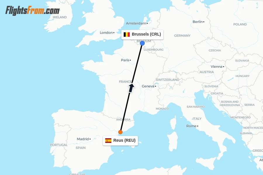 Flights from Reus to Brussels route map