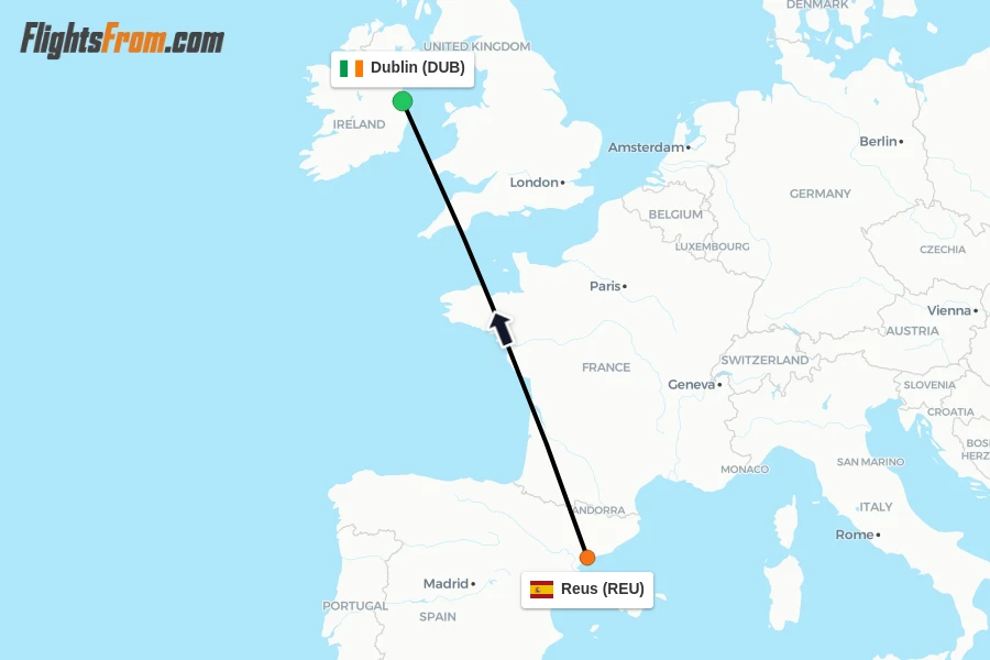 Flights from Reus to Dublin route map