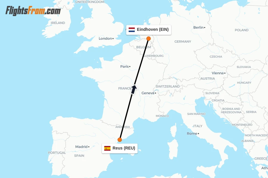 Flights from Reus to Eindhoven route map
