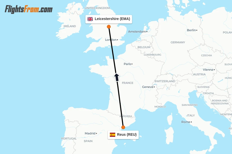 Flights from Reus to Leicestershire route map