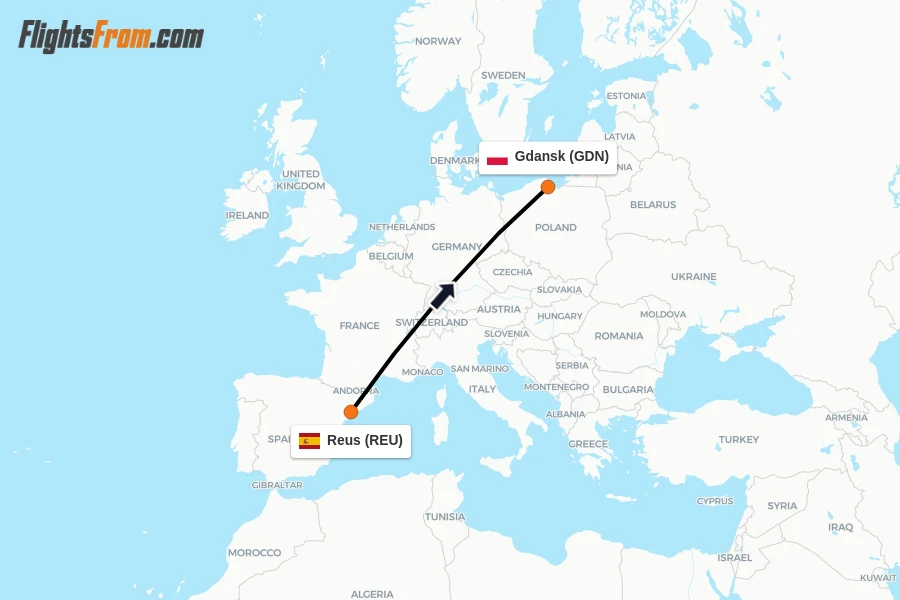 Flights from Reus to Gdansk route map