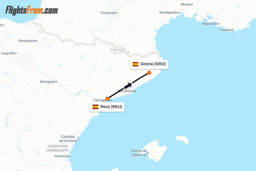 Flights from Reus to Girona route map