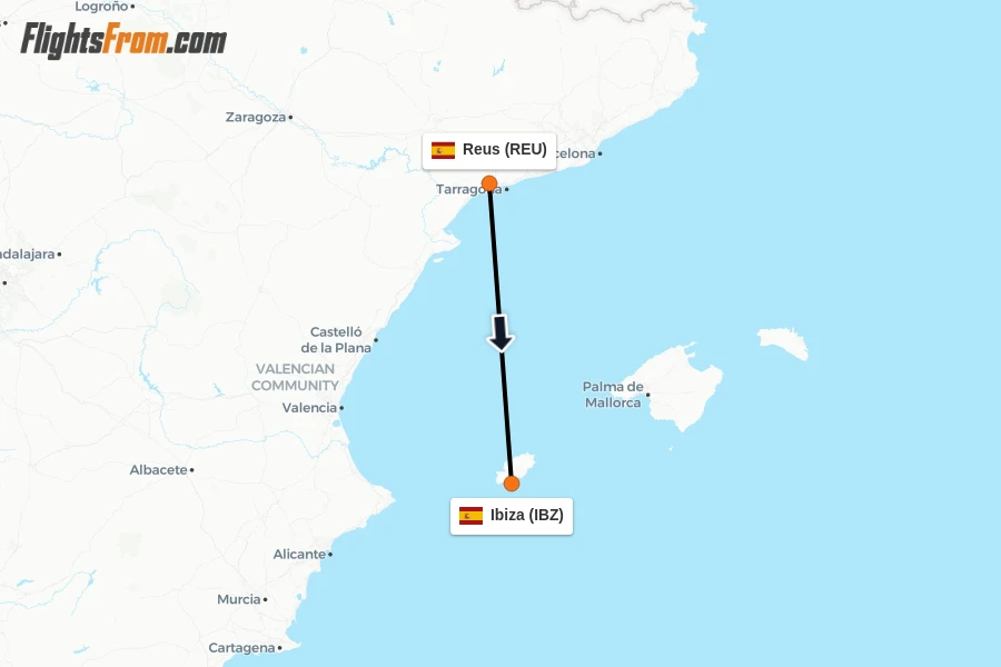 Flights from Reus to Ibiza route map