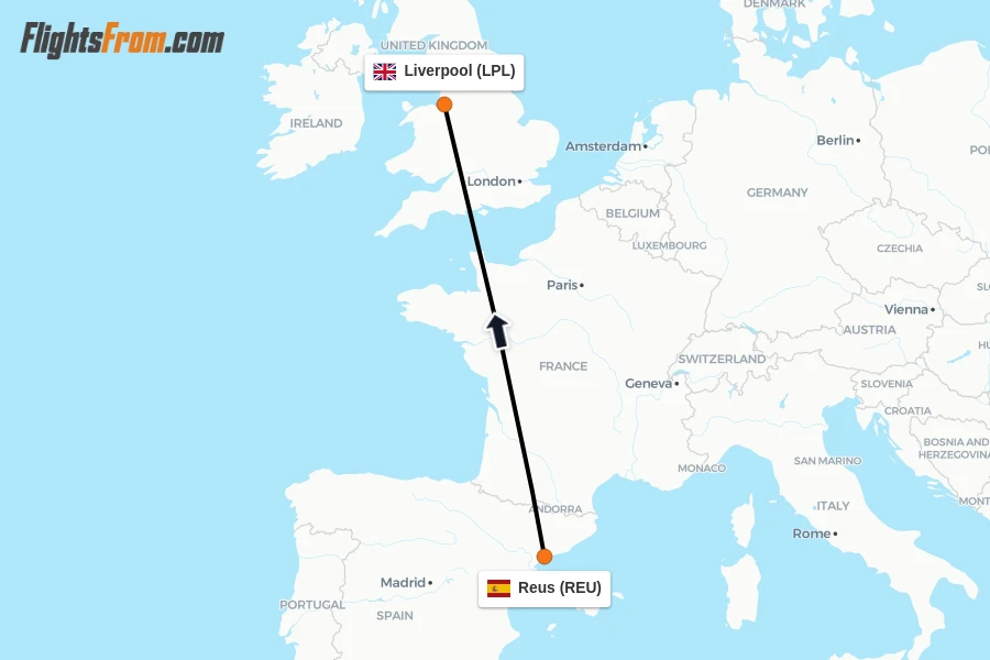 Flights from Reus to Liverpool route map