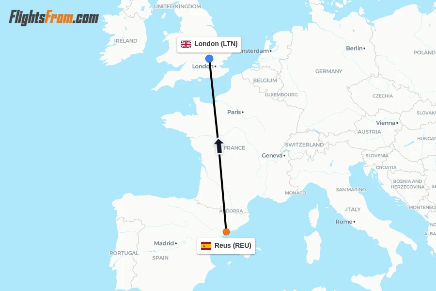 Flights from Reus to London route map