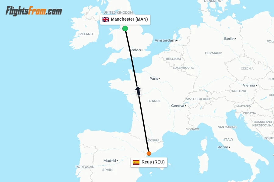 Flights from Reus to Manchester route map