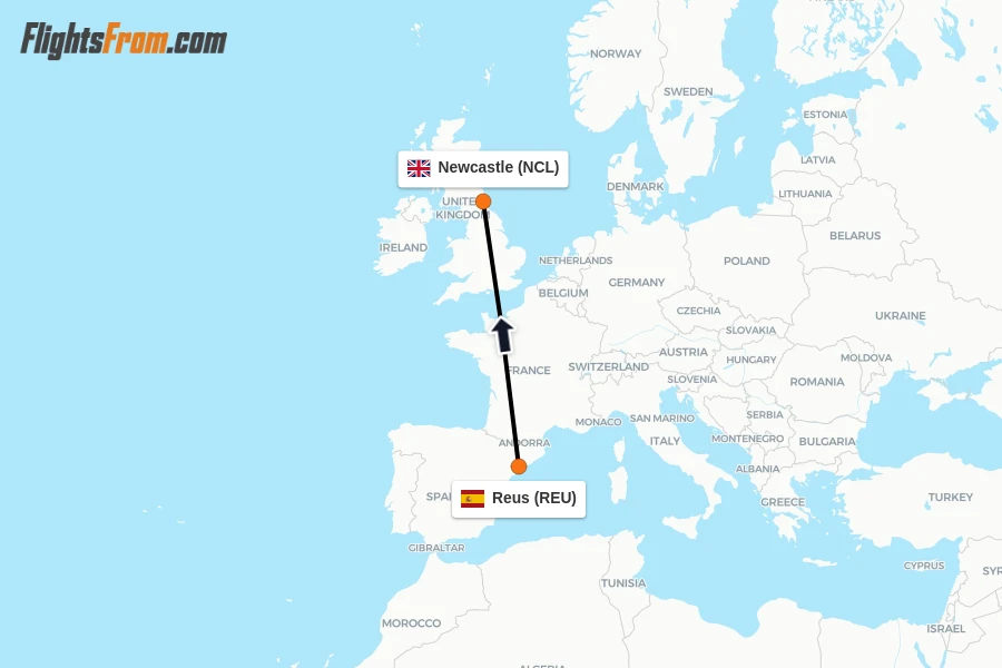 Flights from Reus to Newcastle route map