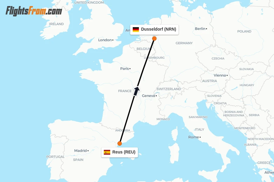 Flights from Reus to Dusseldorf route map