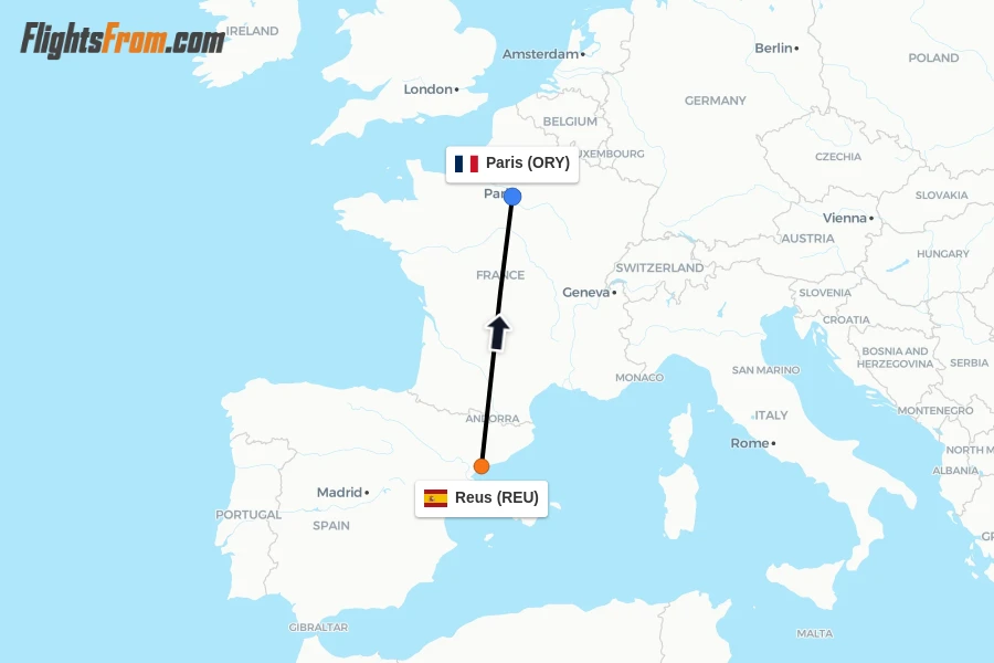 Flights from Reus to Paris route map