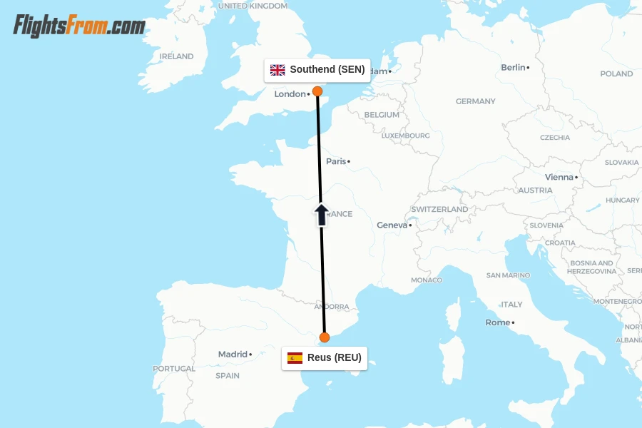 Flights from Reus to Southend route map
