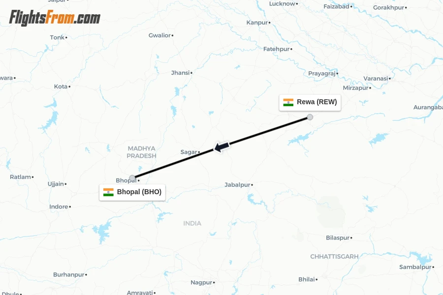 Flights from Rewa to Bhopal route map
