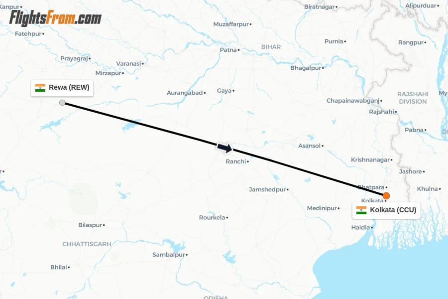 Flights from Rewa to Kolkata route map