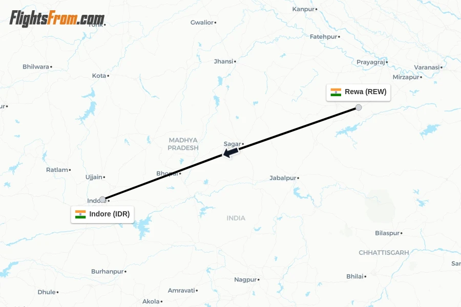 Flights from Rewa to Indore route map