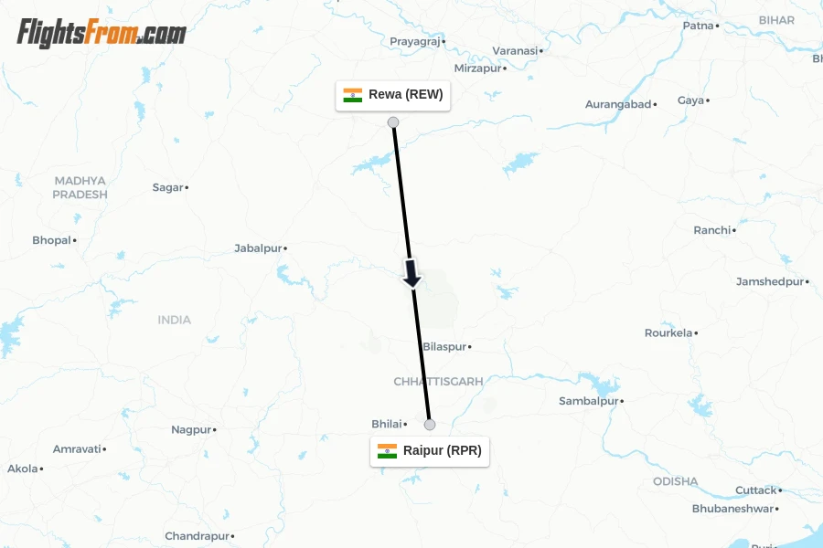 Flights from Rewa to Raipur route map