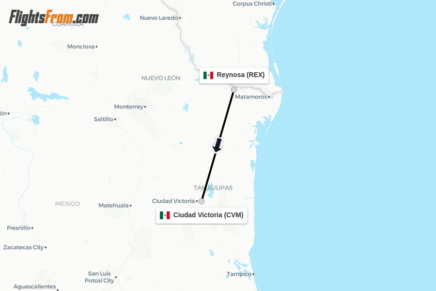 Flights from Reynosa to Ciudad Victoria route map