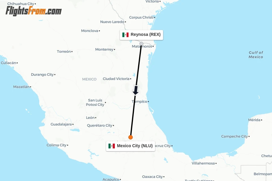 Flights from Reynosa to Mexico City route map