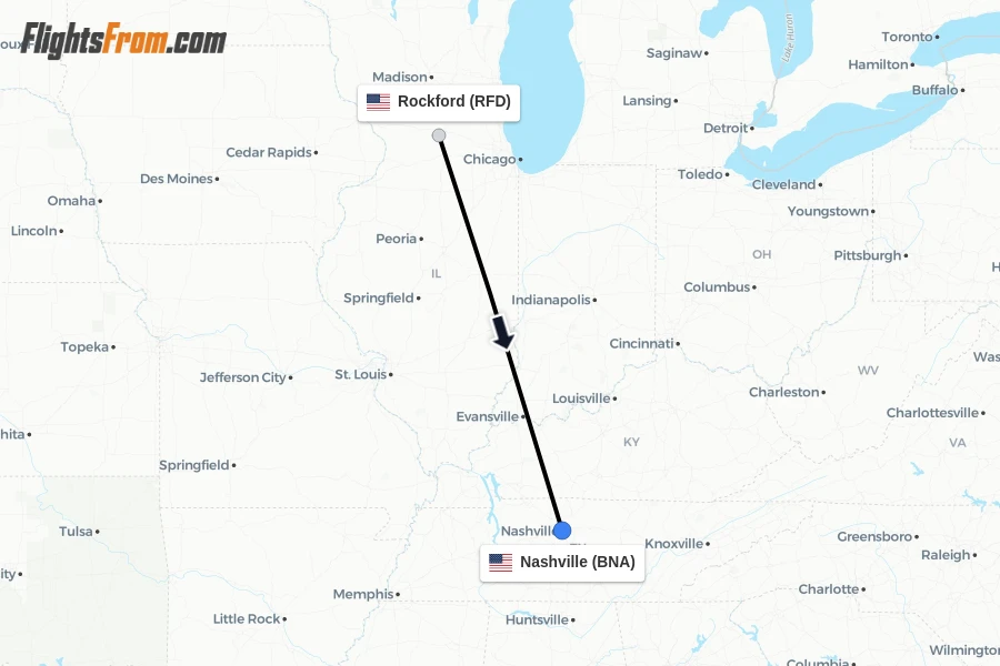 Flights from Rockford to Nashville route map