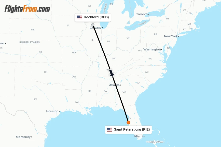 Flights from Rockford to Saint Petersburg route map