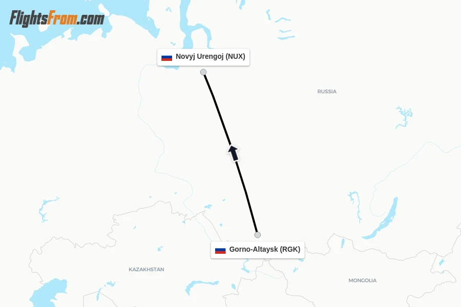 Flights from Gorno-Altaysk to Novyj Urengoj route map