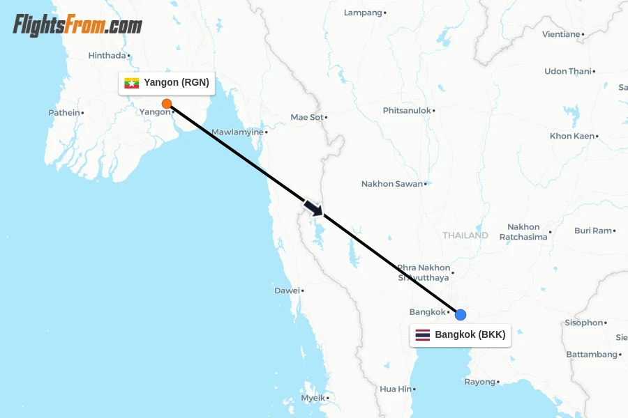 Flights from Yangon to Bangkok route map