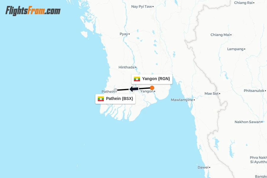 Flights from Yangon to Pathein route map
