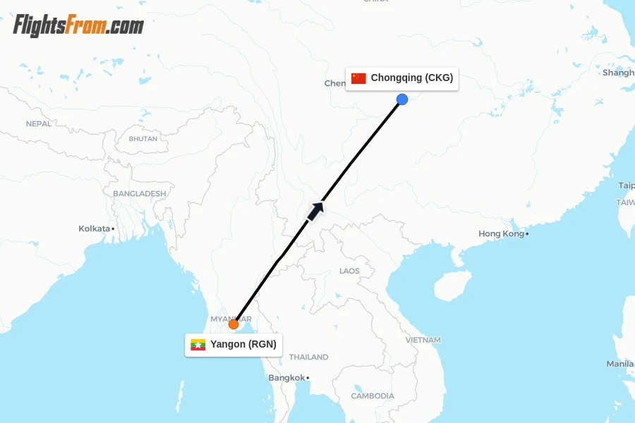 Flights from Yangon to Chongqing route map