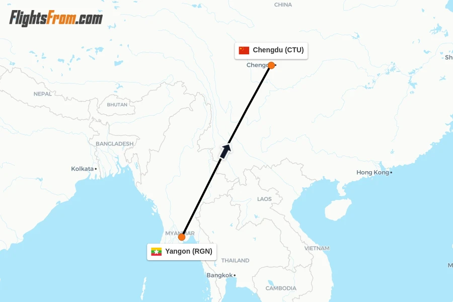 Flights from Yangon to Chengdu route map
