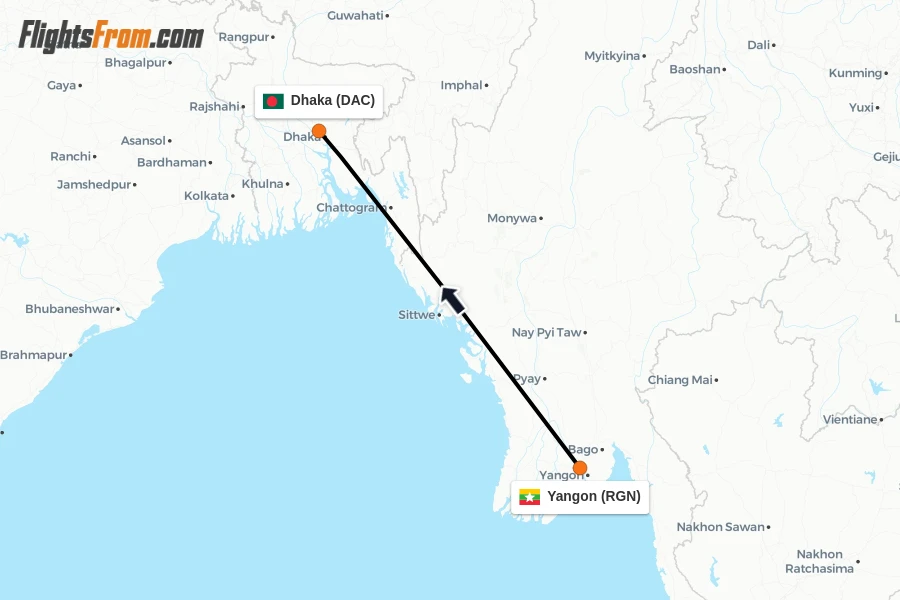 Flights from Yangon to Dhaka route map