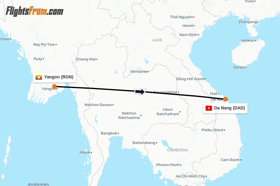 Flights from Yangon to Da Nang route map