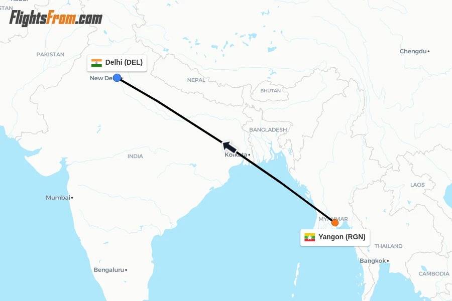 Flights from Yangon to Delhi route map