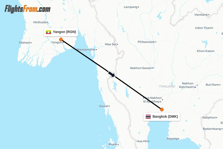 Flights from Yangon to Bangkok route map