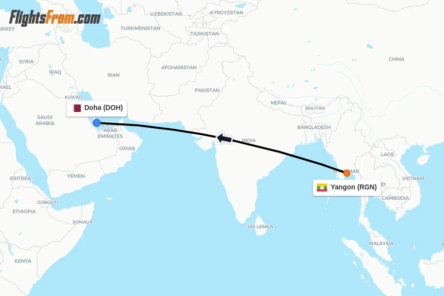 Flights from Yangon to Doha route map
