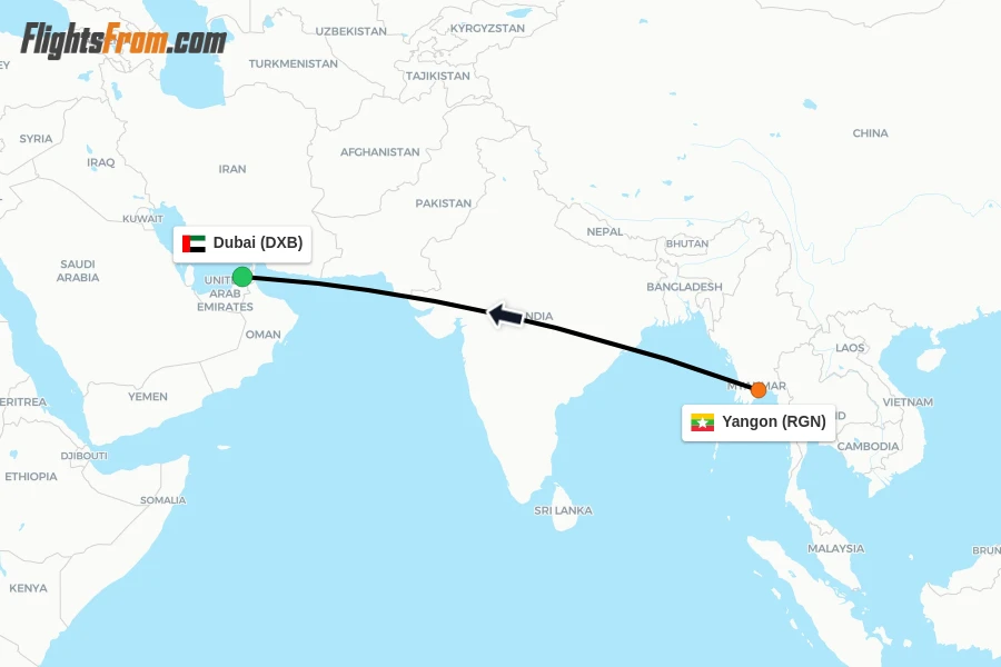 Flights from Yangon to Dubai route map