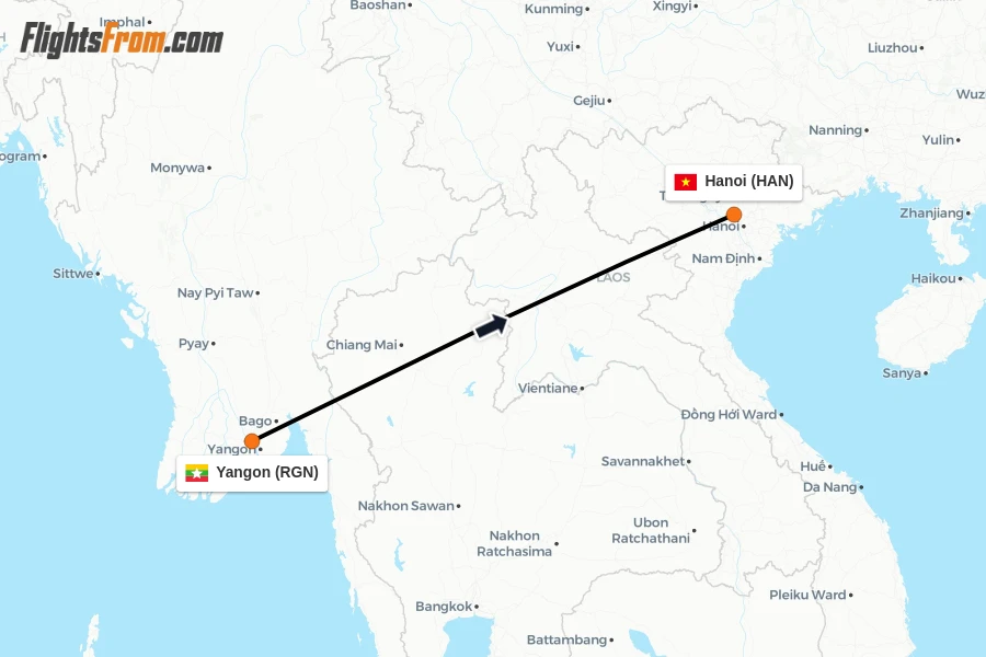 Flights from Yangon to Hanoi route map