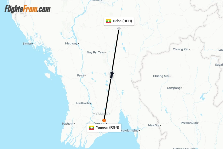 Flights from Yangon to Heho route map