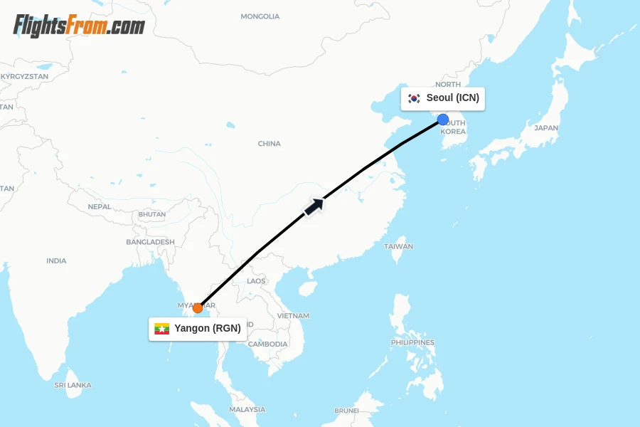 Flights from Yangon to Seoul route map