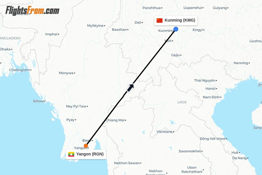 Flights from Yangon to Kunming route map